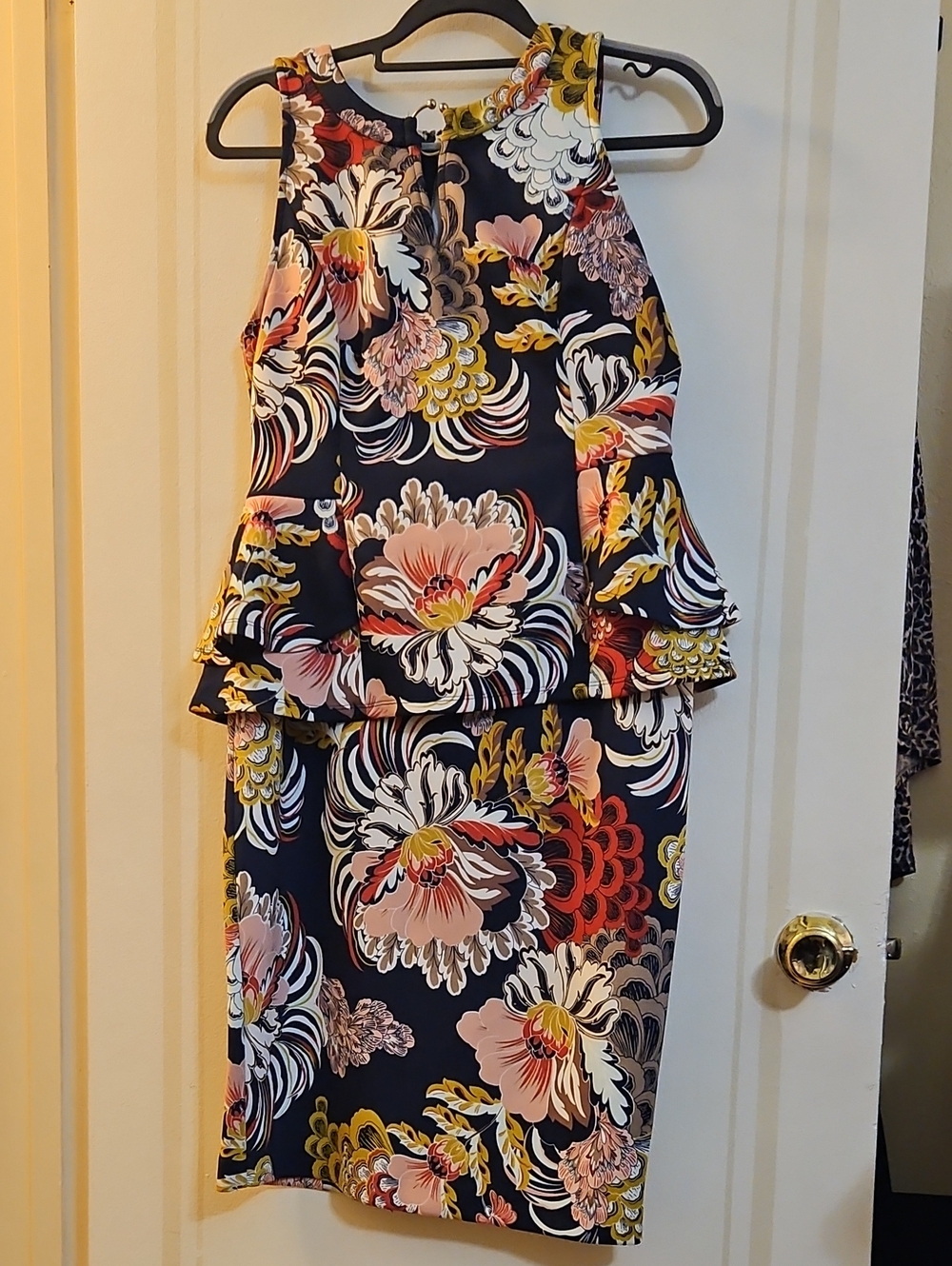 7th Avenue Floral 2-Piece Dress Mauve, Yellow, Red & Cream on Navy Blue